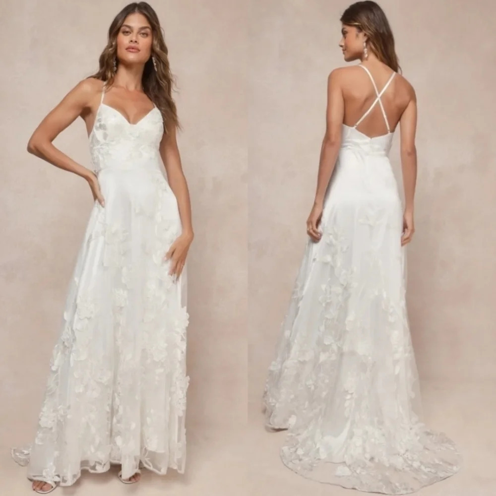 Lulu's Profound Elegance Ivory 3D Floral Embroidered Maxi Dress S Wedding Bridal